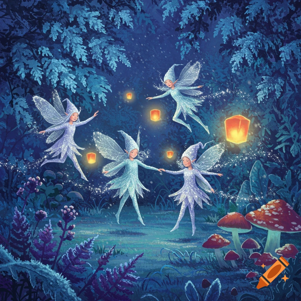 Four pixies with sparkly wings and pointed hats dance among glowing lanterns in a magical dark blue forest.