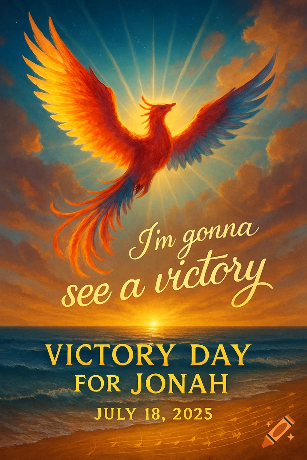 A vibrant phoenix soars above a golden ocean sunset with text 'I'm gonna see a victory' and 'Victory Day for Jonah July 18, 2025'.