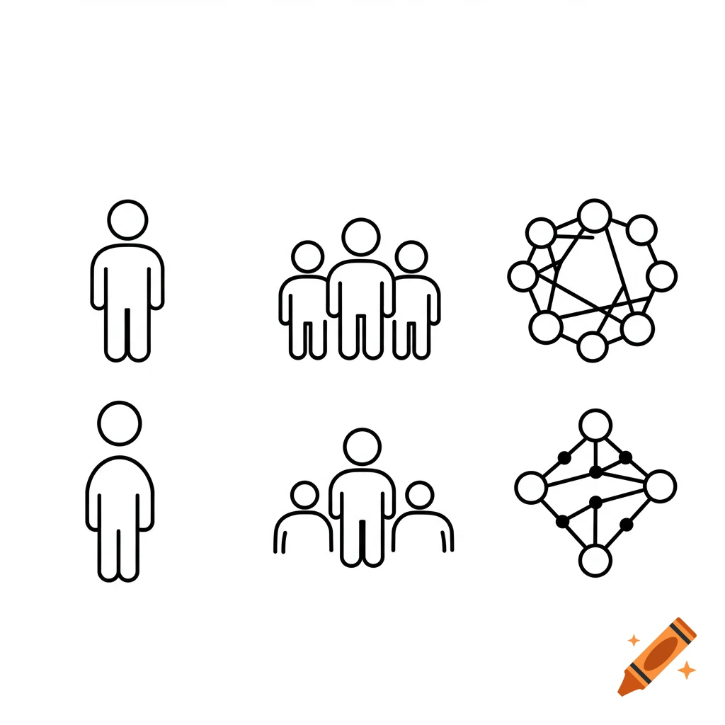 Six black and white line art icons depicting an individual, a group of people, and a network structure.