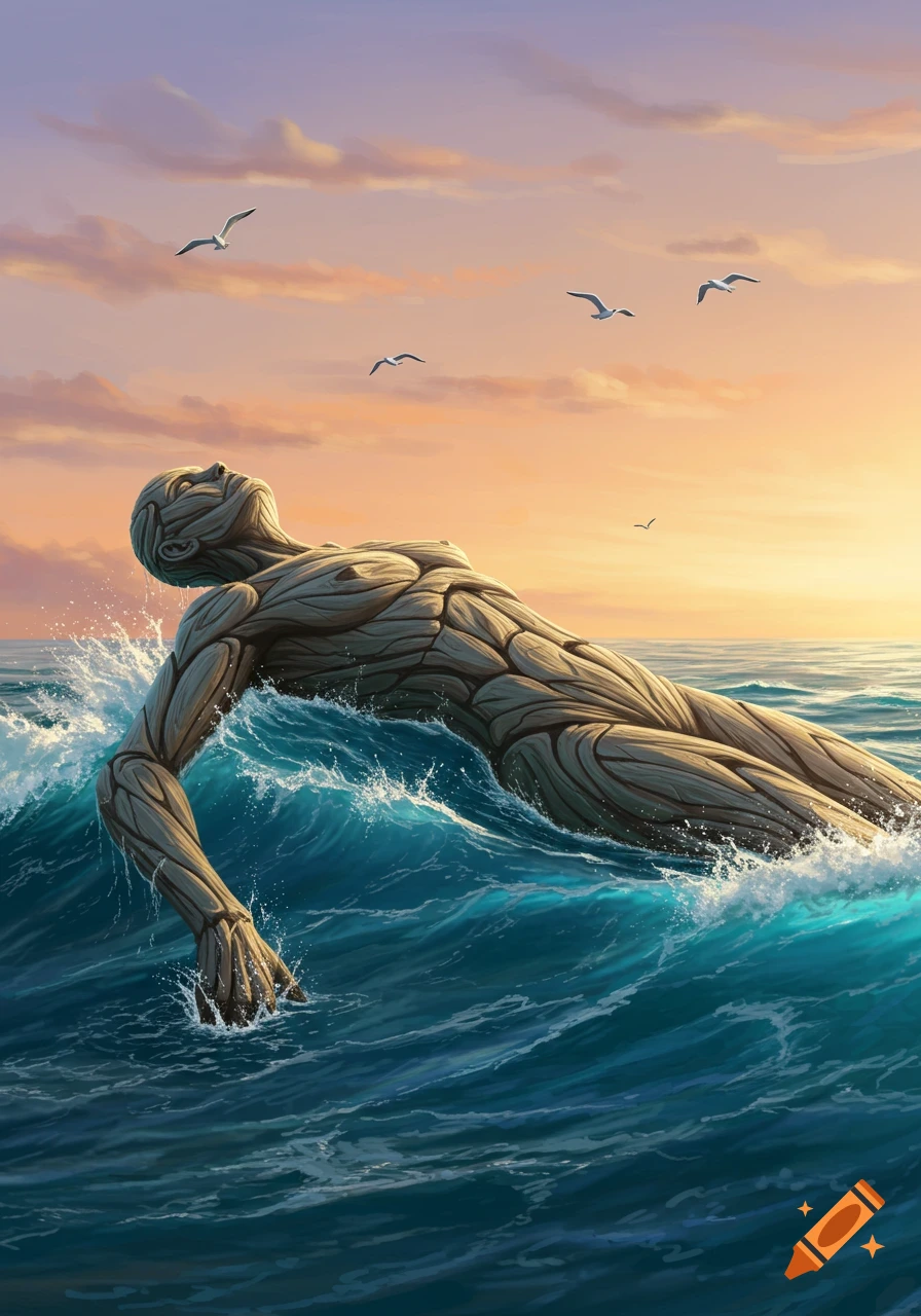 A log resembling a human body floats in blue ocean waves under an orange and purple sky with seagulls.