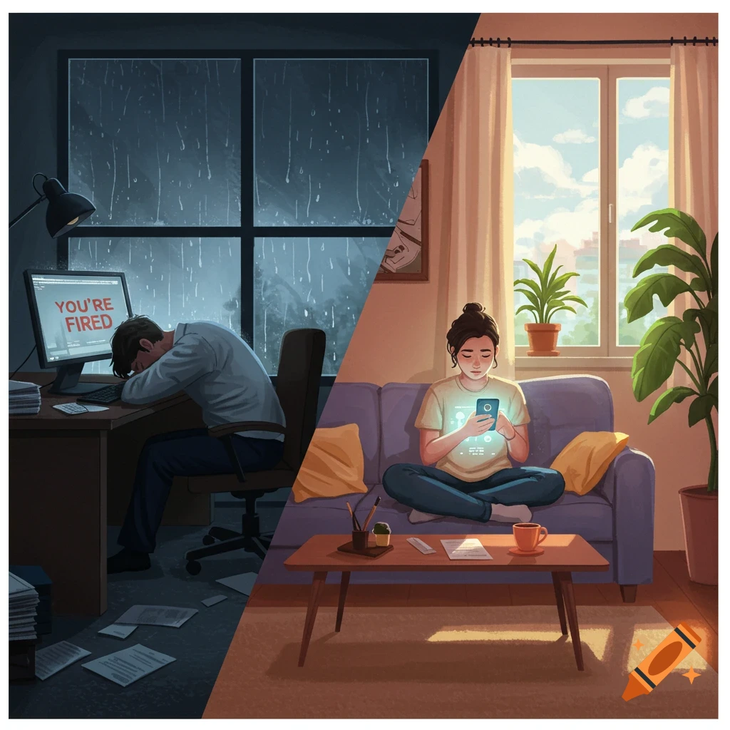 Two-panel illustration: a man sad after being fired, and a woman feeling better using a therapy app at home.