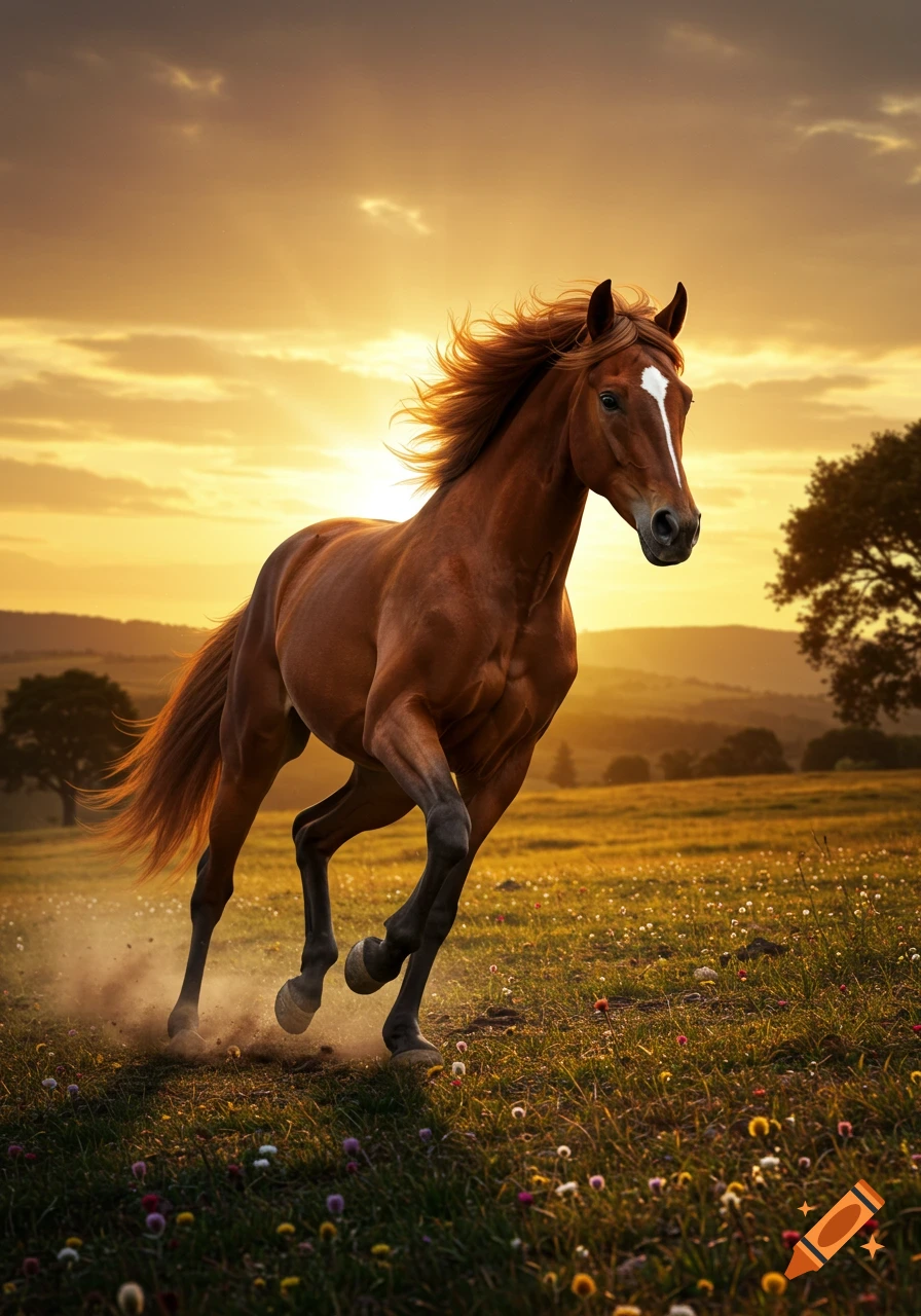 A majestic brown horse with a white blaze gallops through a field of wildflowers at sunset, dust rising from its hooves.