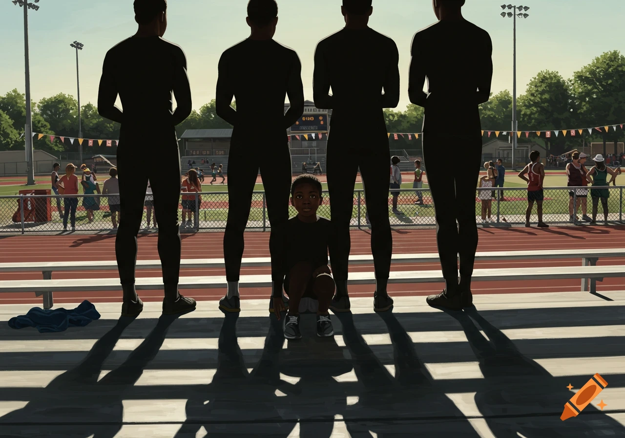 A young Black boy sits on bleachers, looking ahead, framed by the silhouetted legs of four taller athletes watching a track meet.