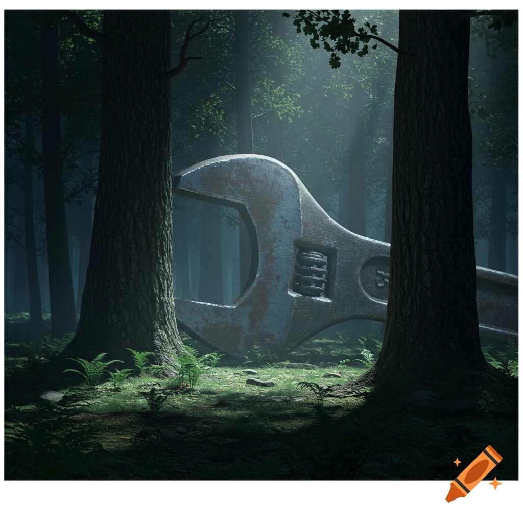 A large, rusted metal wrench is partially hidden between two tree trunks in a dimly lit, foggy forest.