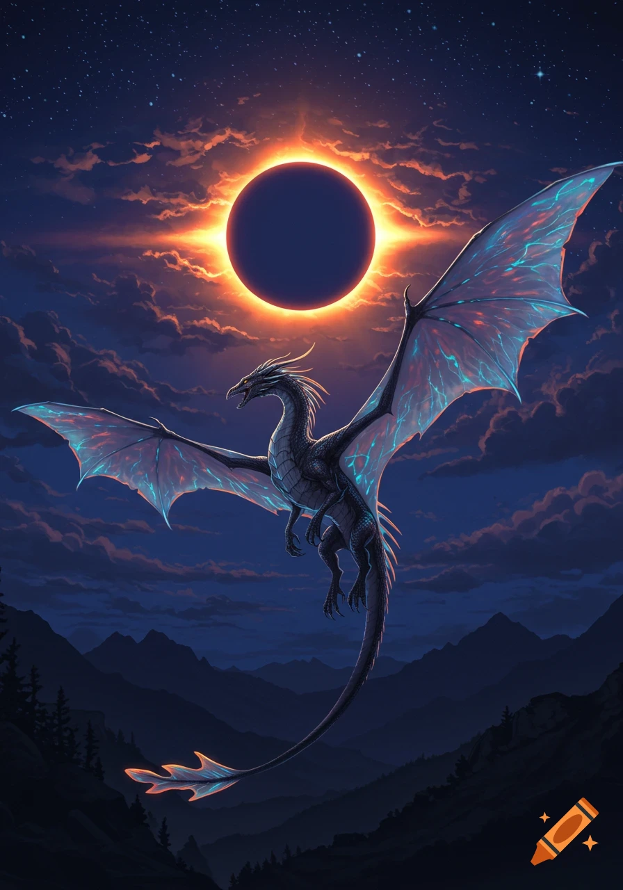 A majestic black dragon with glowing blue wings soars against a dark, starry sky with a brilliant orange solar eclipse.