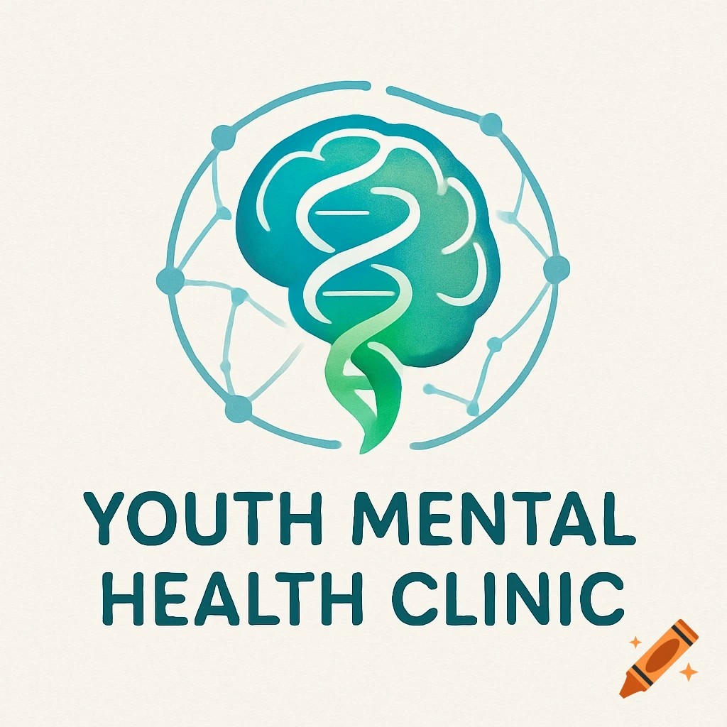 A logo for Youth Mental Health Clinic featuring a stylized blue-green brain with a DNA helix, encircled by a network.