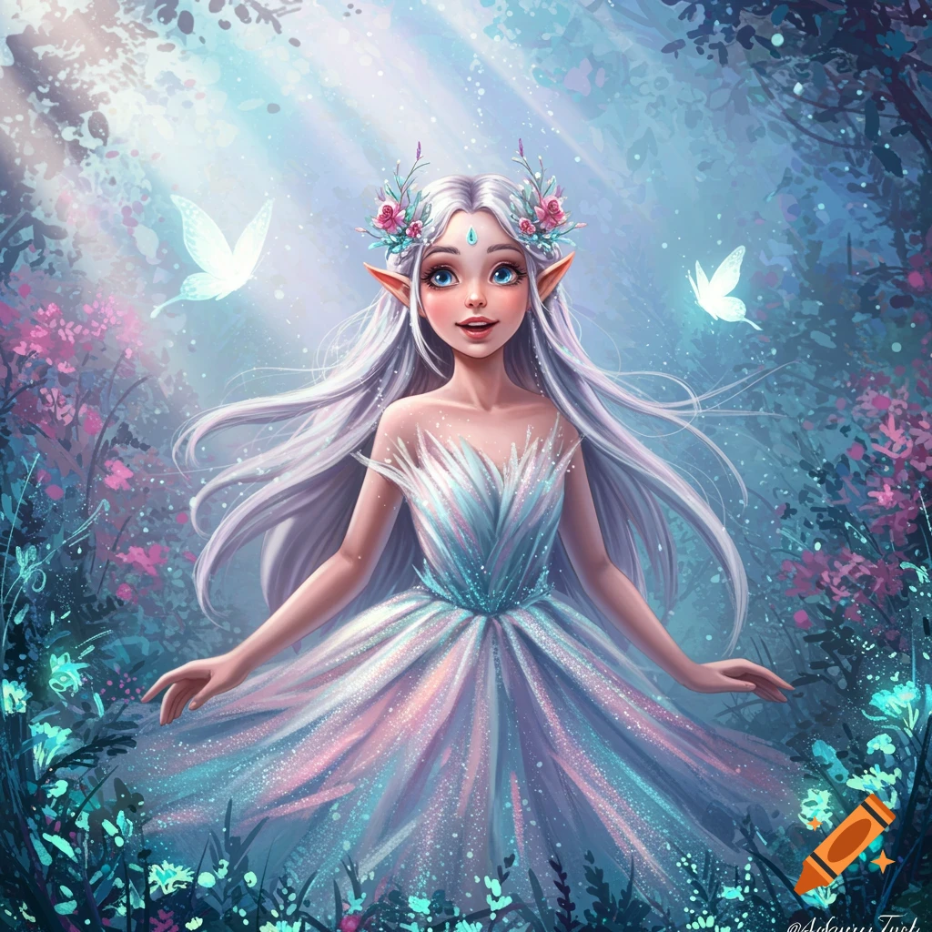 An ethereal fantasy girl with long white hair, elf ears, and a sparkling dress in an enchanted forest with butterflies.
