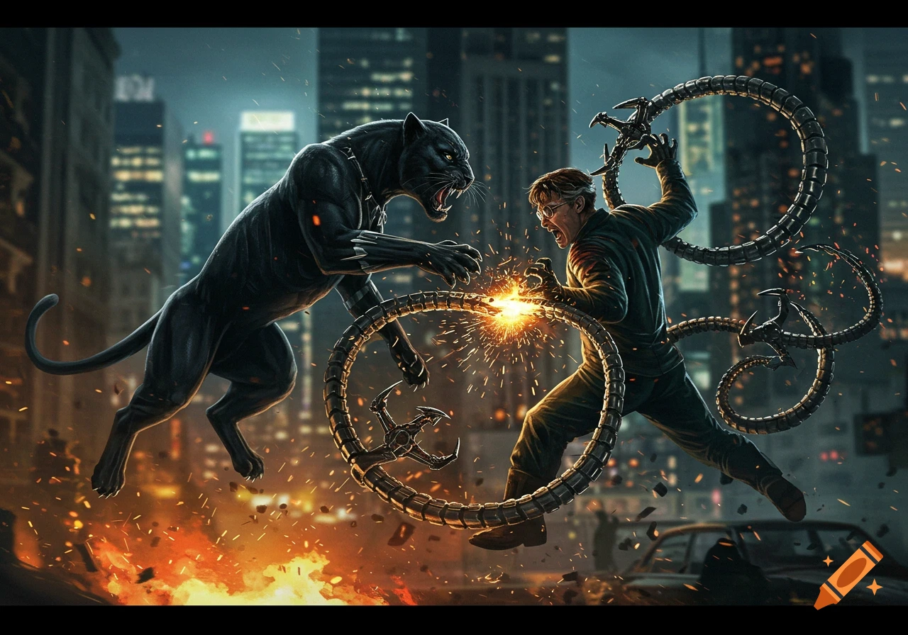 A dynamic comic book illustration of Black Panther leaping towards Doctor Octopus amidst sparks and explosions in a dark city.