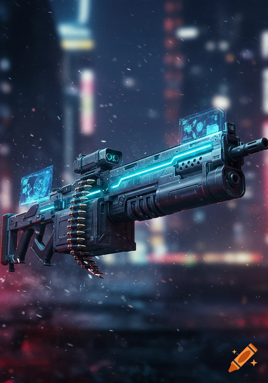 A detailed sci-fi heavy machine gun with glowing blue lights and screens, floating in a blurry futuristic city at night, with snow falling.