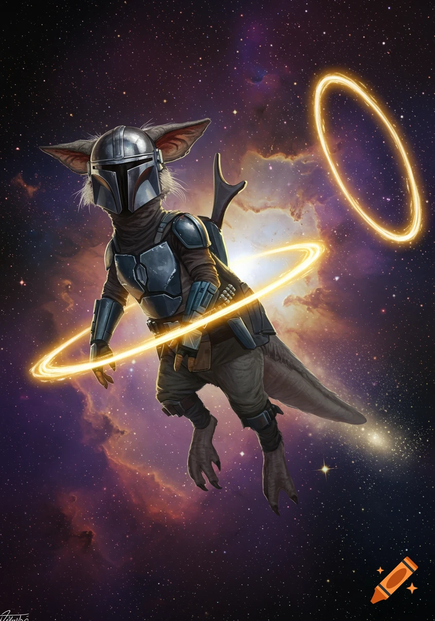 A purrgil creature wearing Mandalorian armor flies through space surrounded by glowing golden rings.