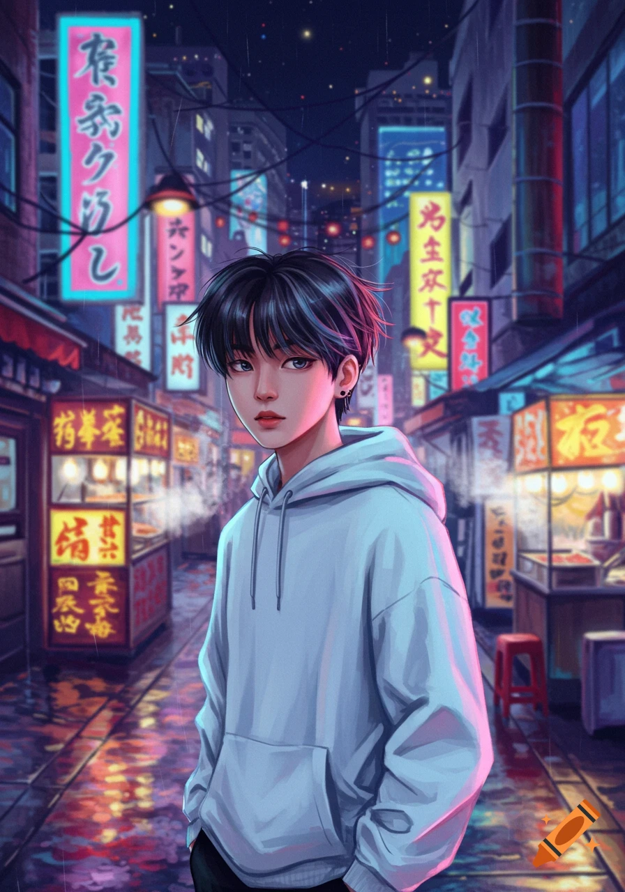 An anime-style portrait of a young person with dark hair and a light hoodie standing on a rainy street in a neon-lit Asian city.