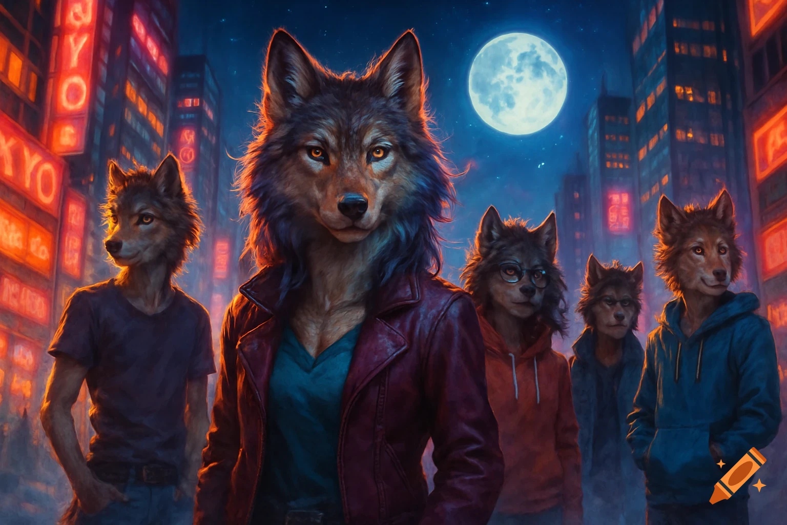 A pack of anthropomorphic wolves, some in human clothes, stand in a neon-lit city at night under a full moon. The largest wolf, wearing a red leather jacket, is in the foreground.