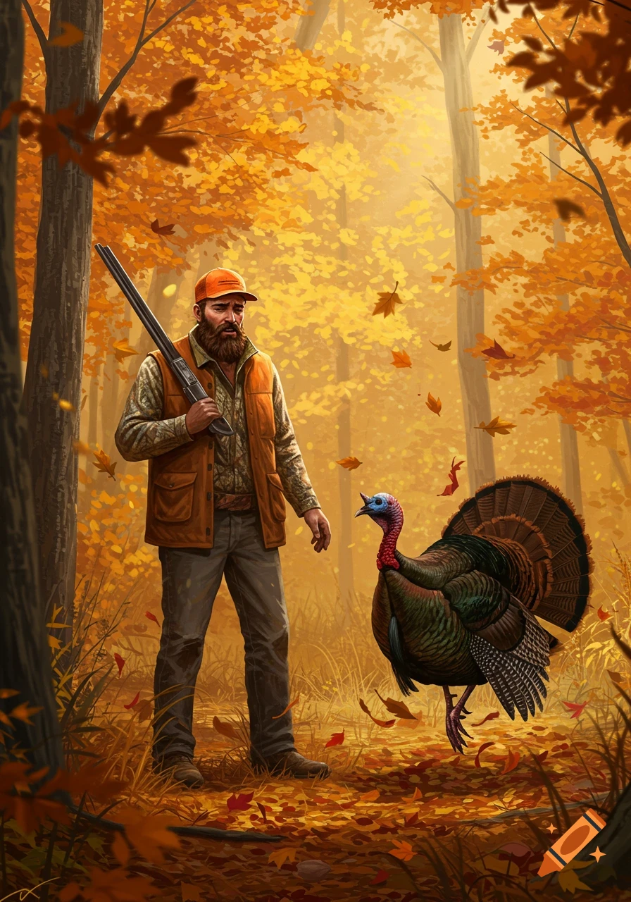 A bearded man in a hunting vest holding a rifle stands next to a turkey in a vibrant autumn forest with falling orange leaves.