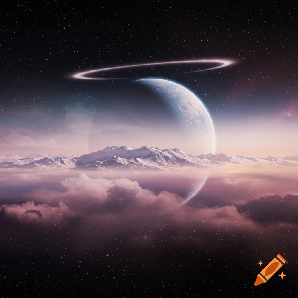 A large ringed planet dominates a star-filled sky, with snowy mountains and pink clouds visible from below.
