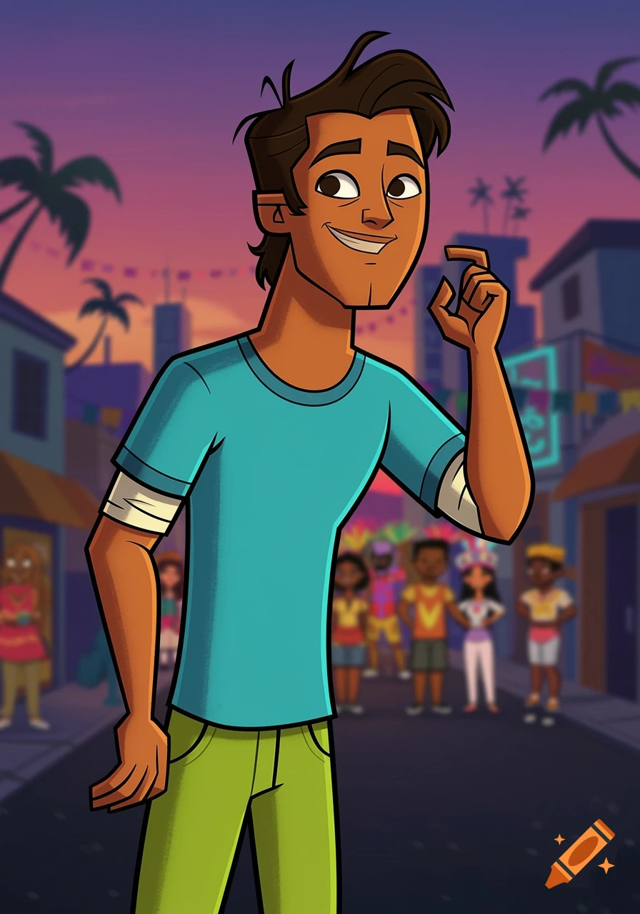 A smiling cartoon man in a cyan t-shirt and lime green trousers stands in a vibrant street with palm trees and blurred people in the background, in Total Drama style.