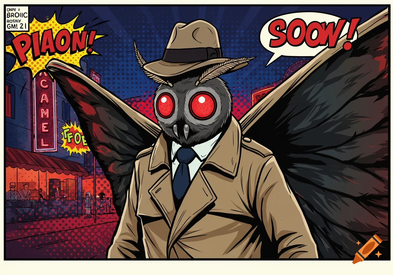 A 1960s pop art comic book cover featuring a Mothman-like creature in a trench coat and fedora, standing in a city and saying "SOON!".