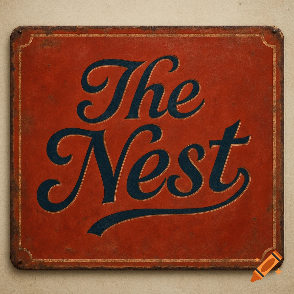 A distressed red and navy blue vintage-style sign with rounded corners and rusty edges, displaying the text 'The Nest' in a script font.