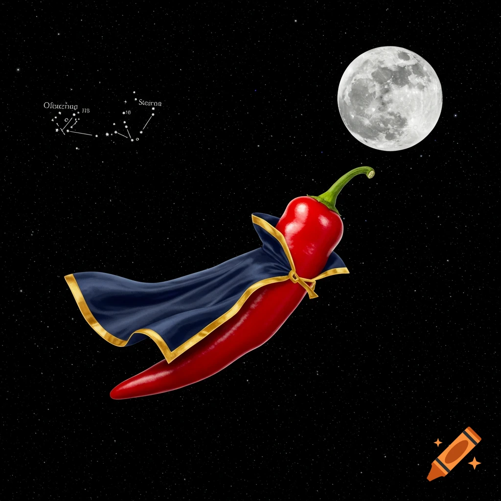 A red chili pepper with a blue and gold cape flies through space towards a full moon.
