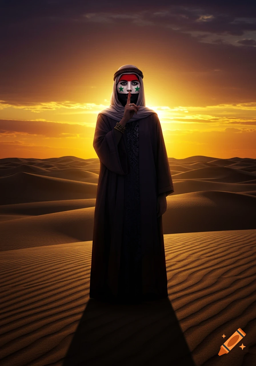 Person in traditional attire with Syrian flag painted on face, shushing, standing in a desert at sunset.
