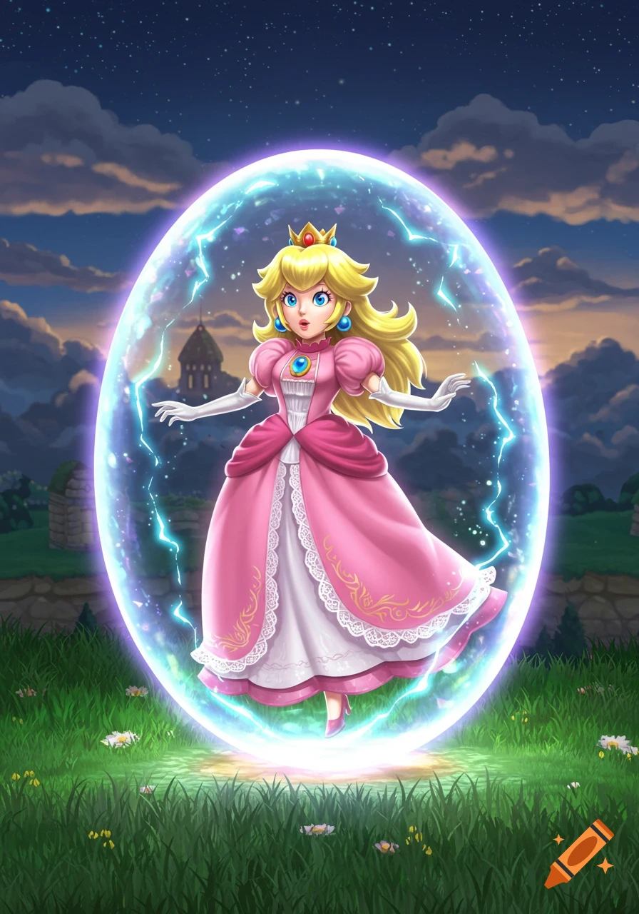 Princess Peach stands inside a glowing electric force field in a grassy field with a starry night sky and castle ruins in the background.