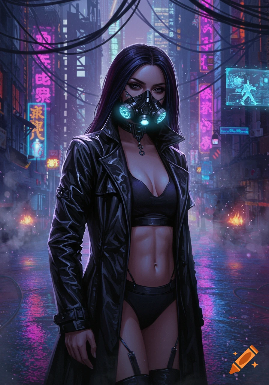 A goth woman in a black trenchcoat, sports bra, and futuristic respirator stands in a neon-lit cyberpunk city.