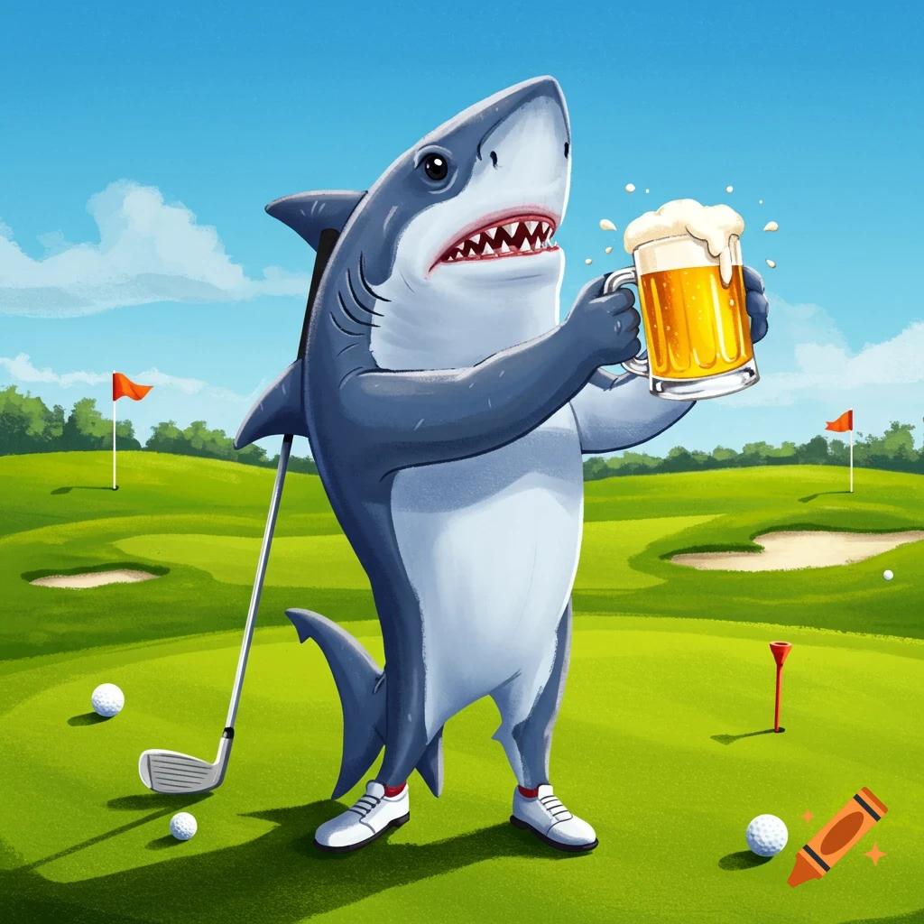 A cartoon shark in golf attire holding a beer mug on a sunny golf course.
