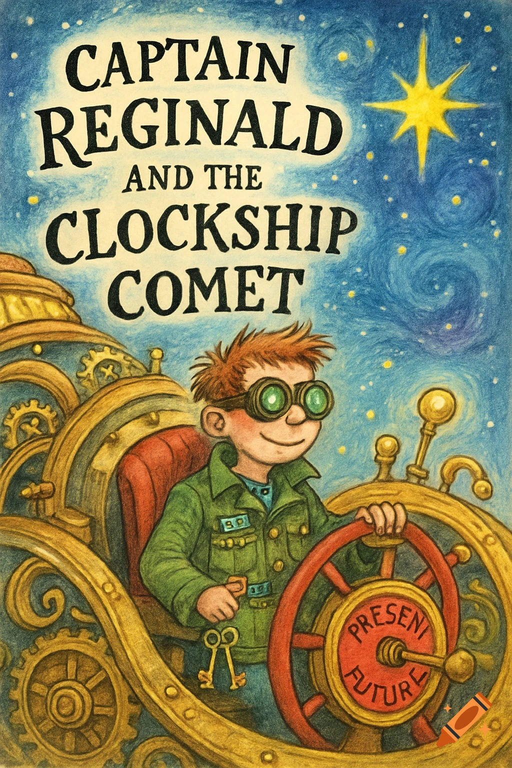 Illustrated book cover of Captain Reginald, a boy with goggles, steering a golden clockwork ship under a starry sky.