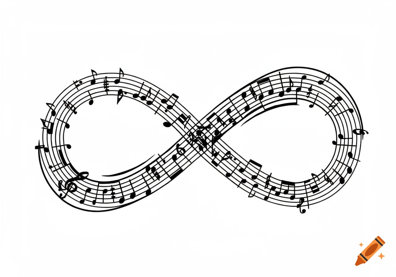 Black musical notes and staves arranged in an infinity symbol on a white background.