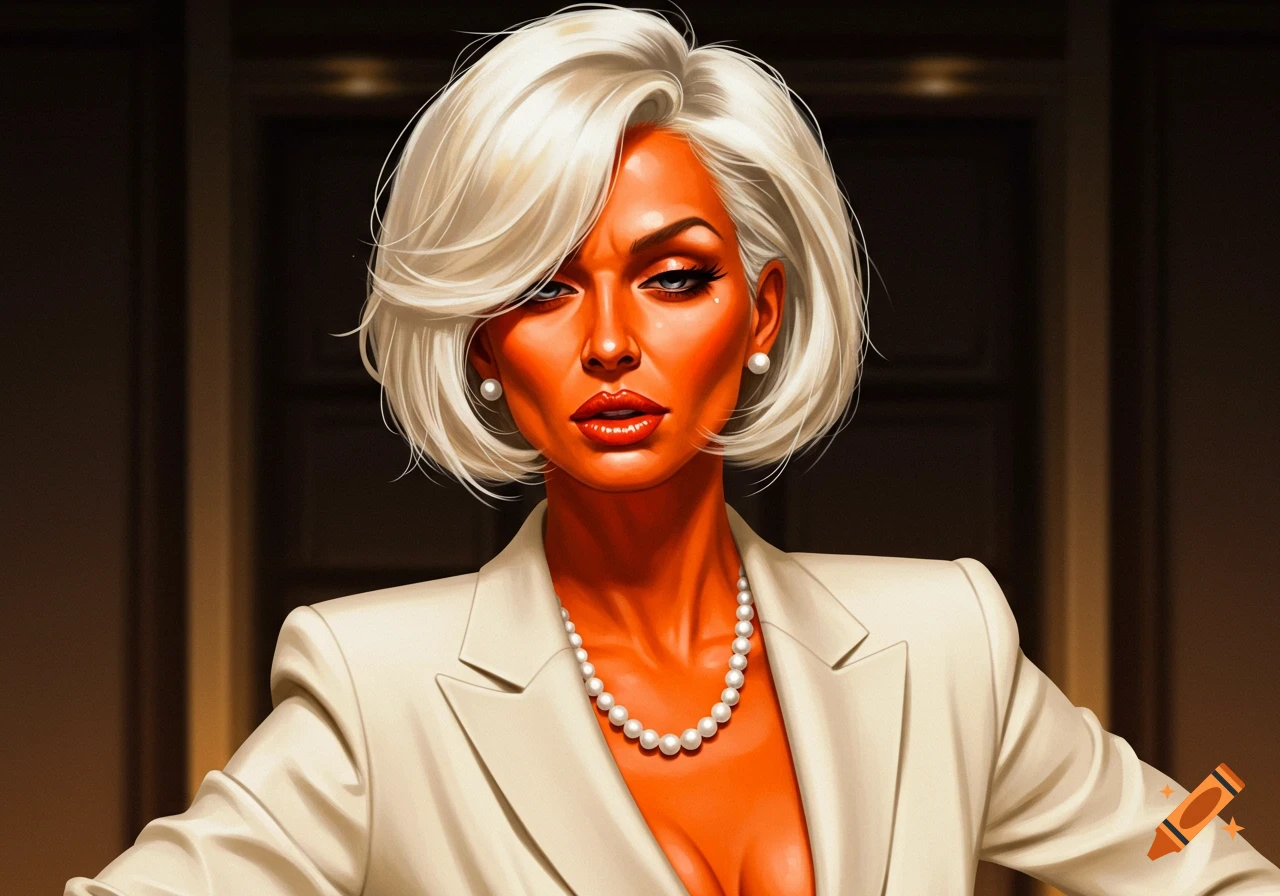 A stylized portrait of a woman with white bob hair, deep orange skin, red lips, pearl earrings, and a pearl necklace, wearing a cream blazer.