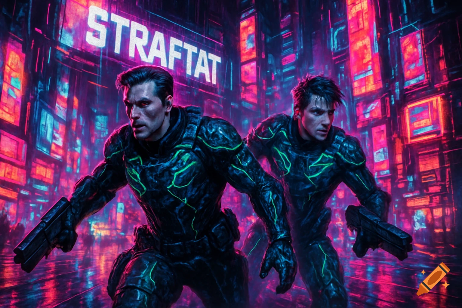 Two men in futuristic black and green suits hold guns in a neon-lit cyberpunk city with "STRAFTAT" glowing on a building.