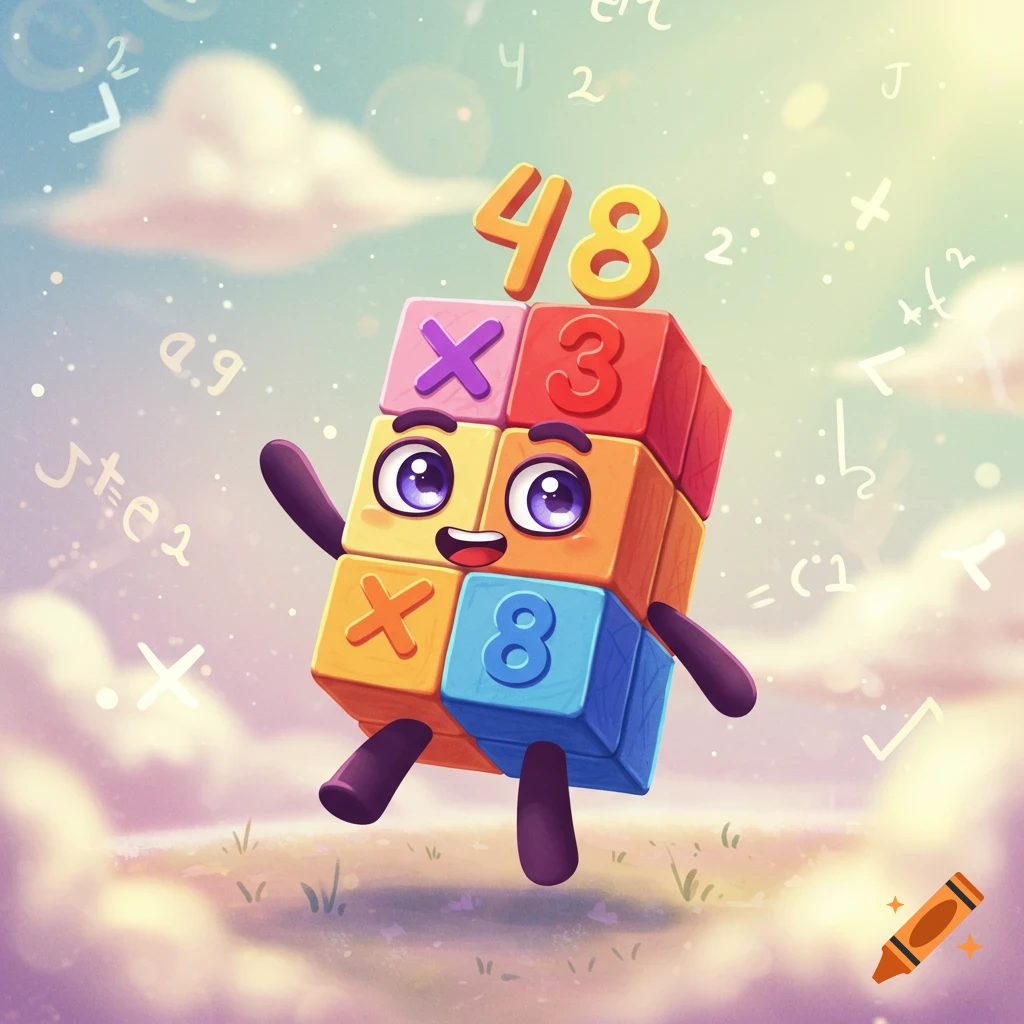 A cheerful cartoon character made of colorful blocks with numbers and math symbols, floating in a bright, cloudy sky.