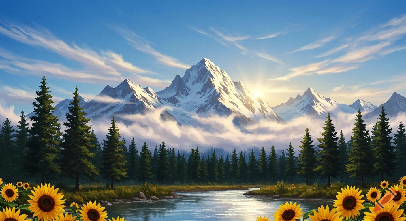 A vibrant landscape with snow-capped mountains, a forest of pine trees, a winding river, and bright sunflowers in the foreground under a blue sky.