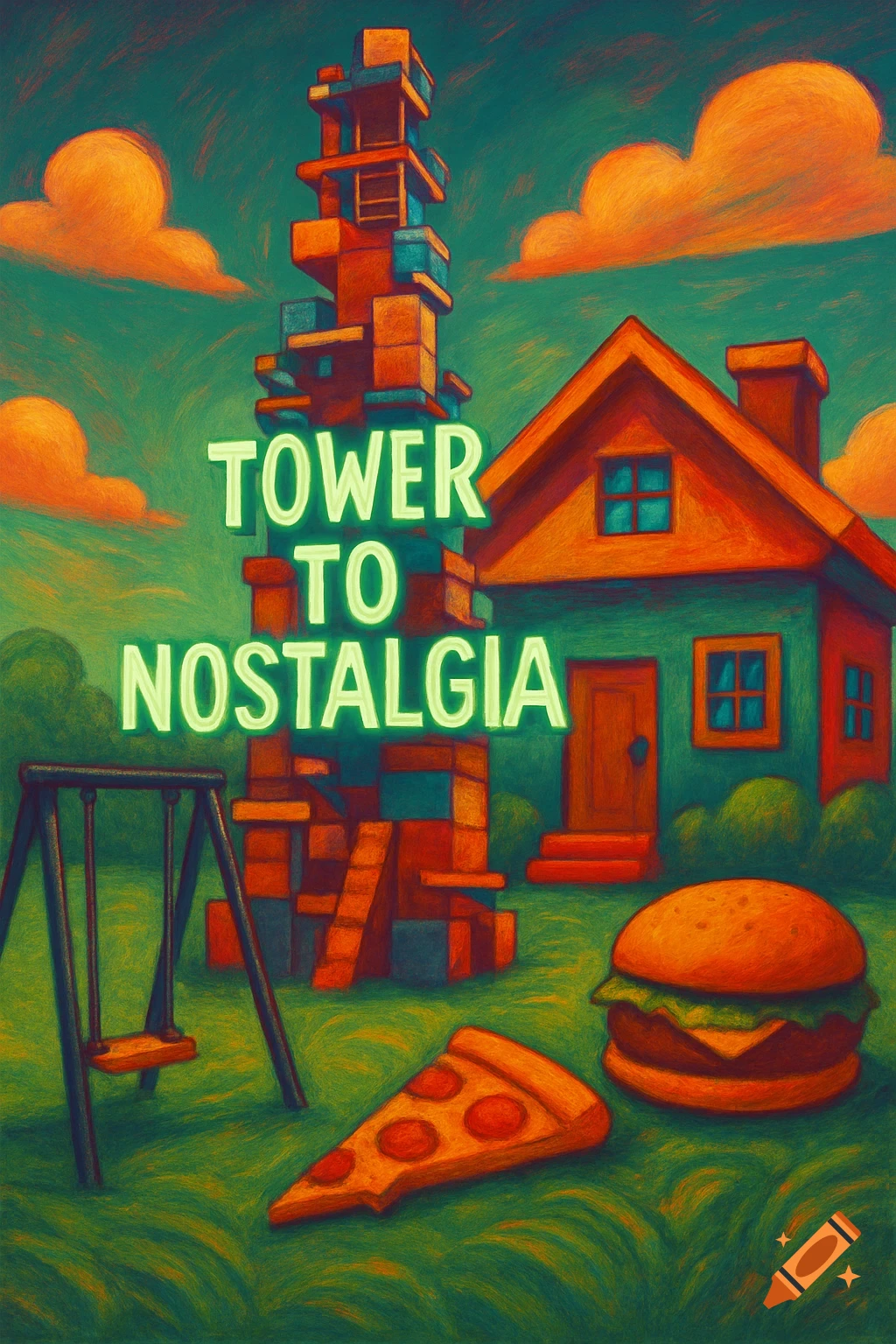 A vibrant, painterly illustration of a blocky tower labeled "TOWER TO NOSTALGIA" next to a house, a swing set, a pizza slice, and a burger on grass.