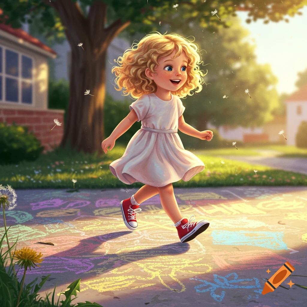 A cheerful young girl with blonde curly hair and a white dress runs on a sunlit sidewalk covered in colorful chalk drawings. She wears red shoes.