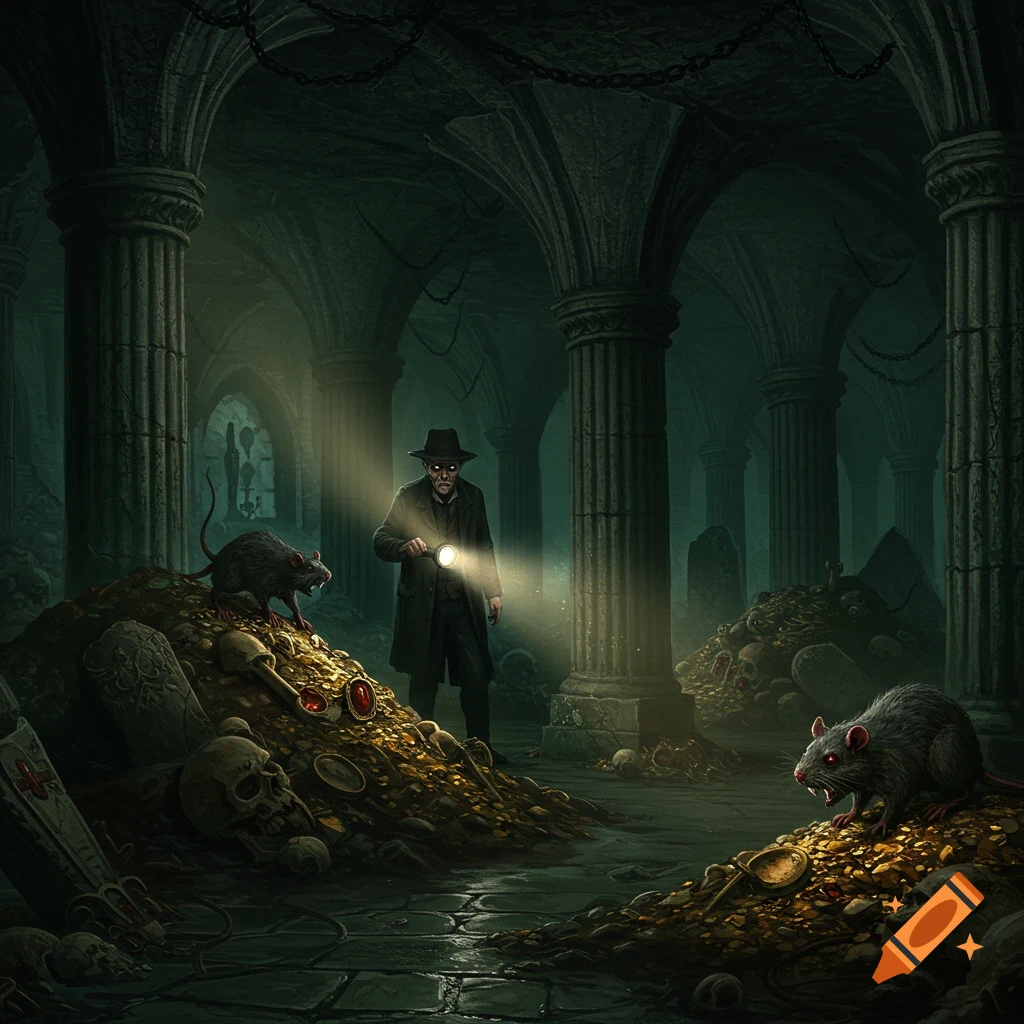 A man with a flashlight explores a dark, gothic catacomb filled with piles of gold, skulls, and large rats.