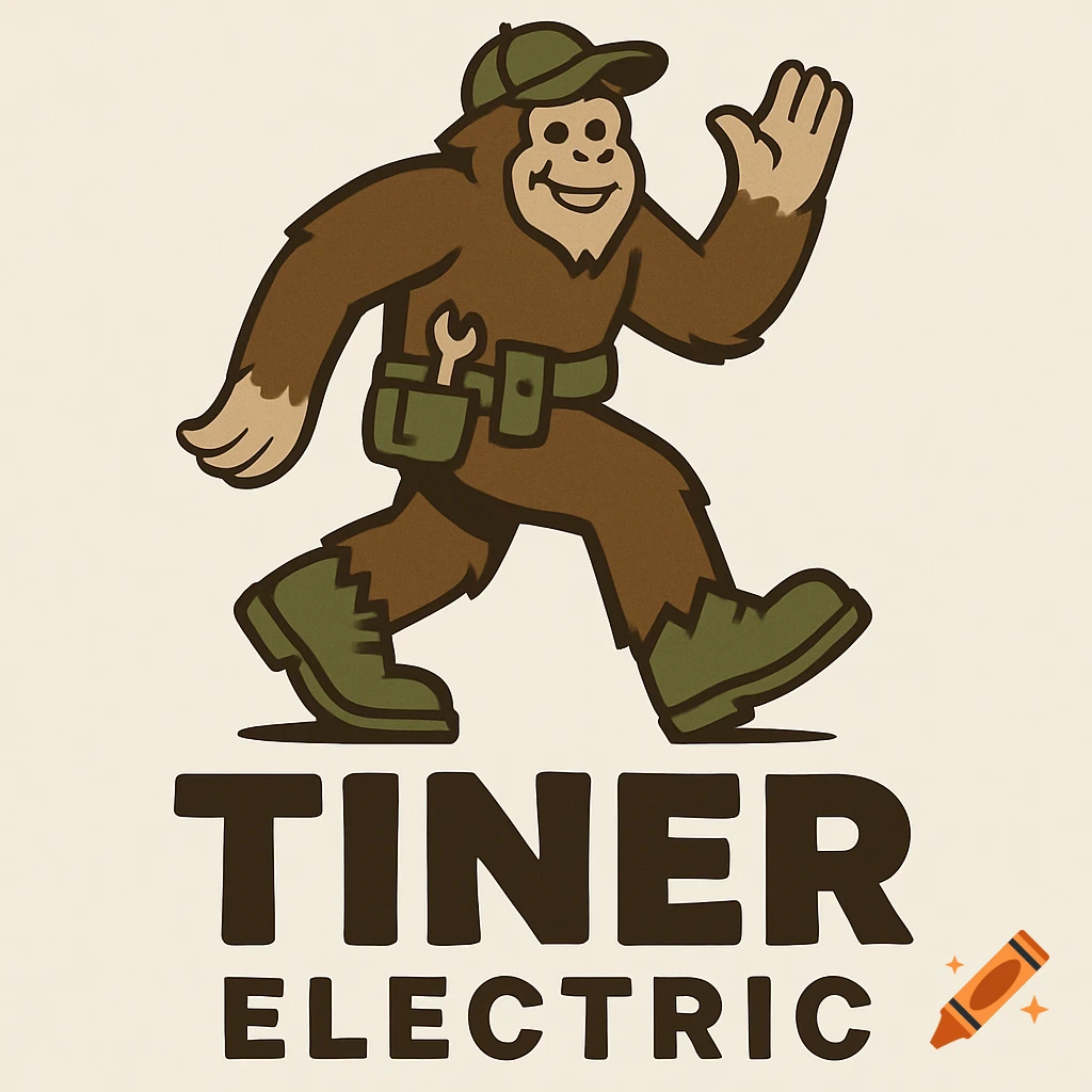 Cartoon logo of a friendly sasquatch electrician in work clothes walking and waving, with 'Tiner Electric' text.
