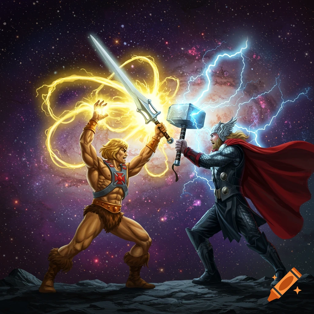 He-Man with a glowing sword and Thor with a lightning-charged Mjolnir face off in a cosmic setting, rendered in a detailed comic art style.