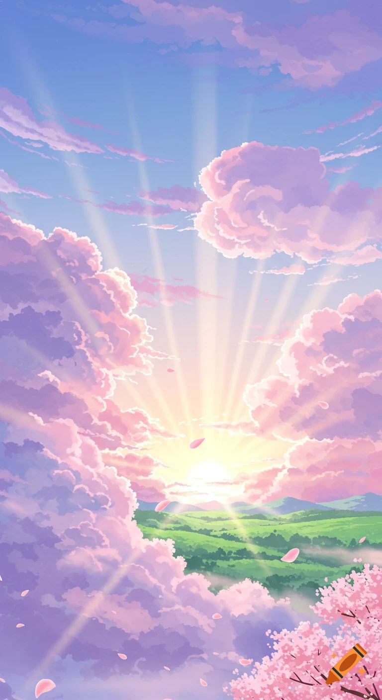 A pastel anime landscape with a vibrant sunset behind fluffy pink clouds, green hills, and falling cherry blossoms.