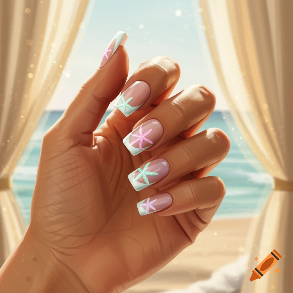 A hand with French tip nails featuring white tips and pastel starfish designs, set against a beach background.