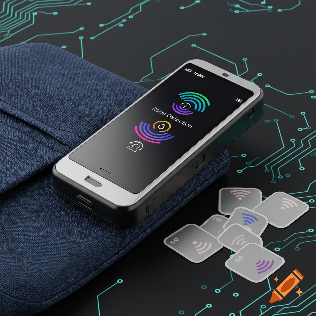 A close-up photorealistic shot of a compact smart device with a screen displaying 'Iteem Detection' and colorful signals, resting on a dark blue fabric surface. Several small, square RFID tags are scattered nearby on a black background with green circuit board lines.