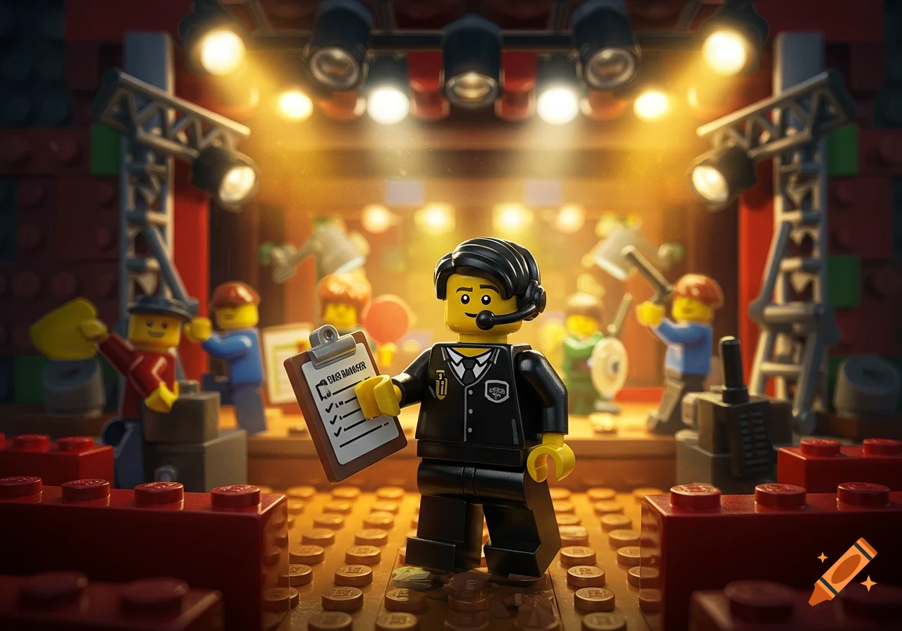 A photorealistic LEGO minifigure stage manager stands on a detailed stage, holding a clipboard with other crew members working in the background.