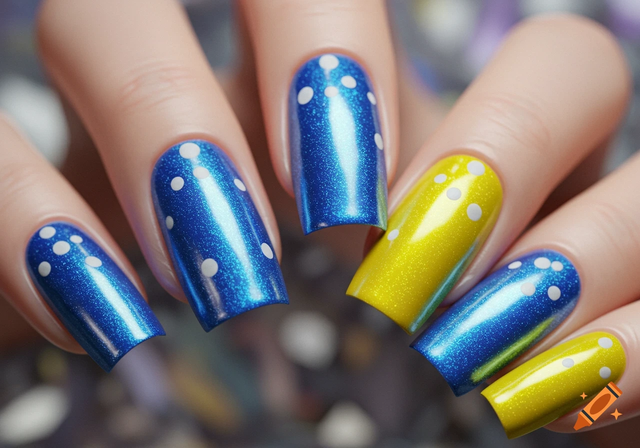 Close-up of fingernails with metallic blue and bright yellow polish, adorned with matte white polka dots.