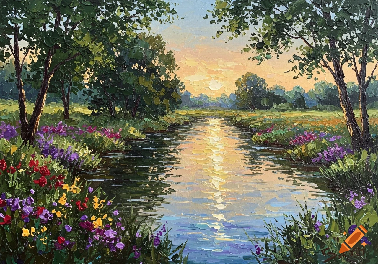 A vibrant textured painting of a river flowing through a lush landscape with colorful wildflowers under a golden sunset.
