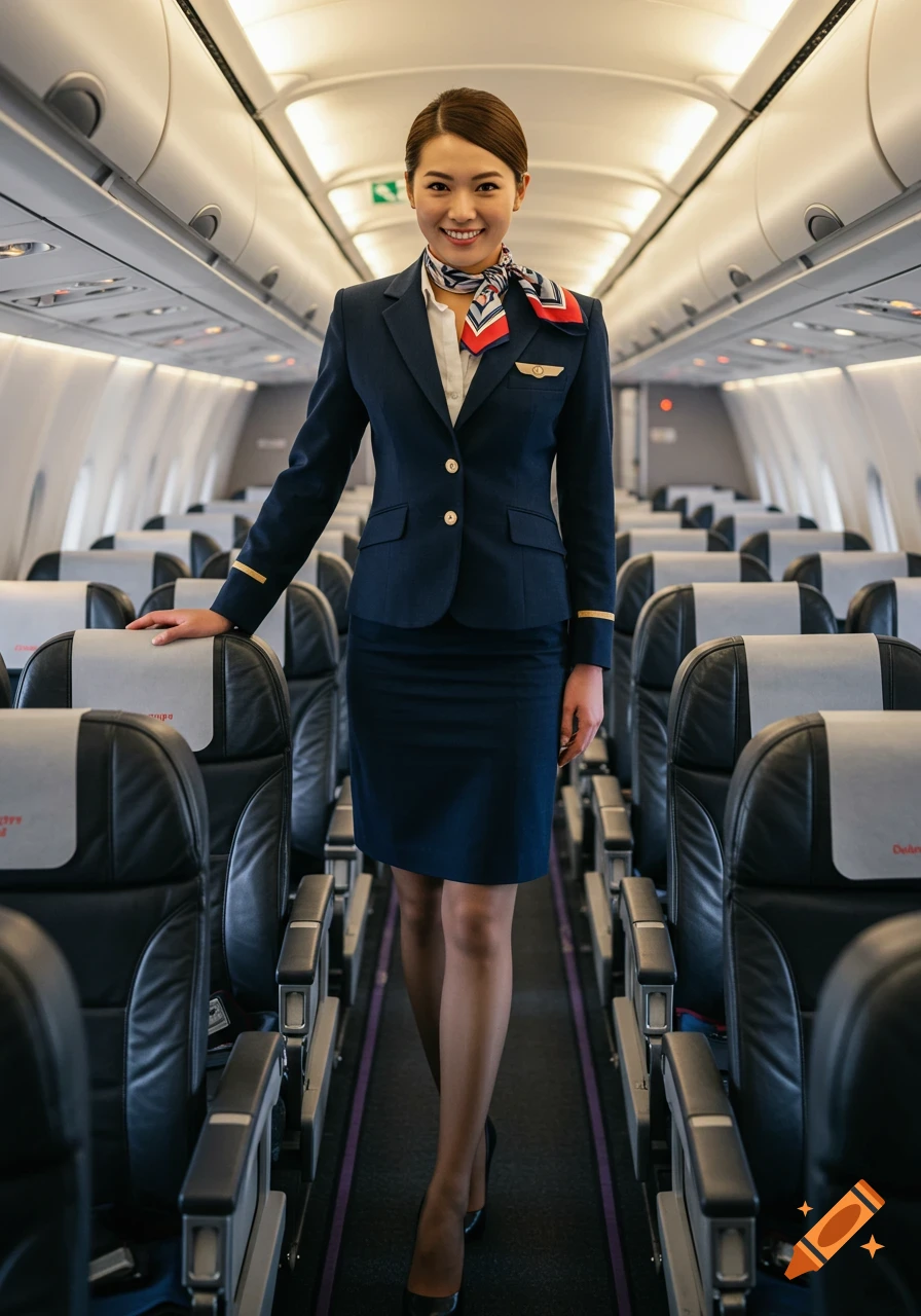 A professional flight attendant in a navy uniform smiles while standing in an airplane aisle.