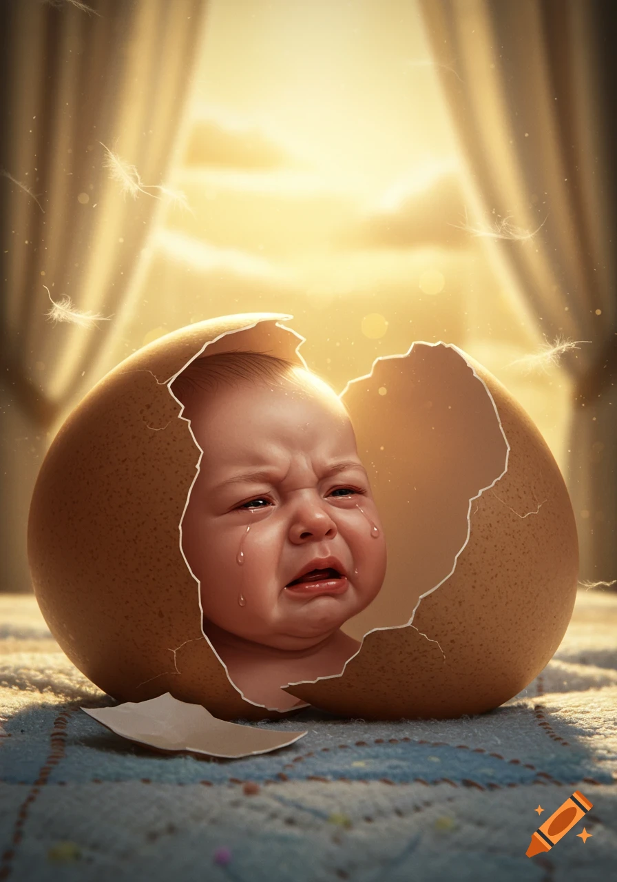 A crying baby's head emerges from a cracked eggshell on a soft blanket, bathed in warm, glowing light.