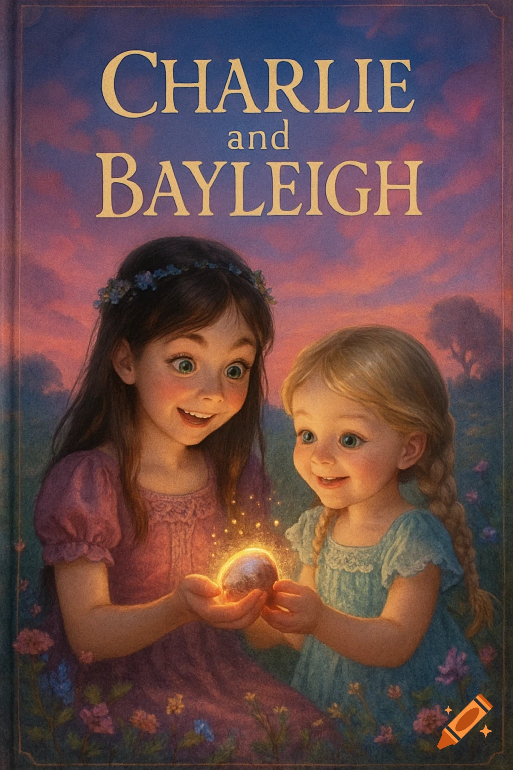 Illustrated book cover: two girls, Charlie and Bayleigh, smile at a glowing magic pebble. Sunset sky, whimsical style.