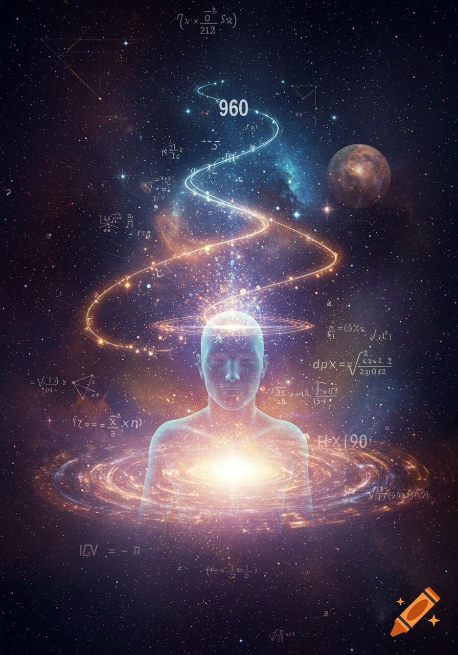 A translucent blue-hued human figure glows in the center of a cosmic galaxy with bright light emanating from its chest and head. Swirling golden light trails upward from its head, past a distant planet, into the starry universe. Various mathematical equations and symbols are scattered throughout the starry background.