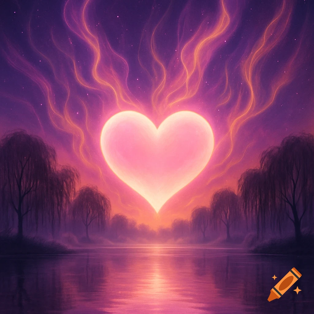 A large glowing pink heart floats above a serene lake reflecting a purple and orange sunset sky with silhouetted trees.