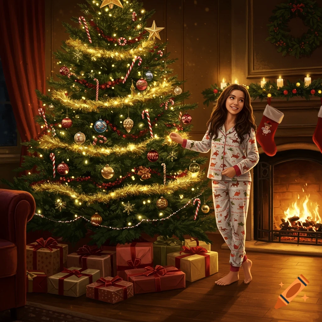 A brunette girl in Christmas pajamas stands beside a decorated Christmas tree with gifts and a lit fireplace.