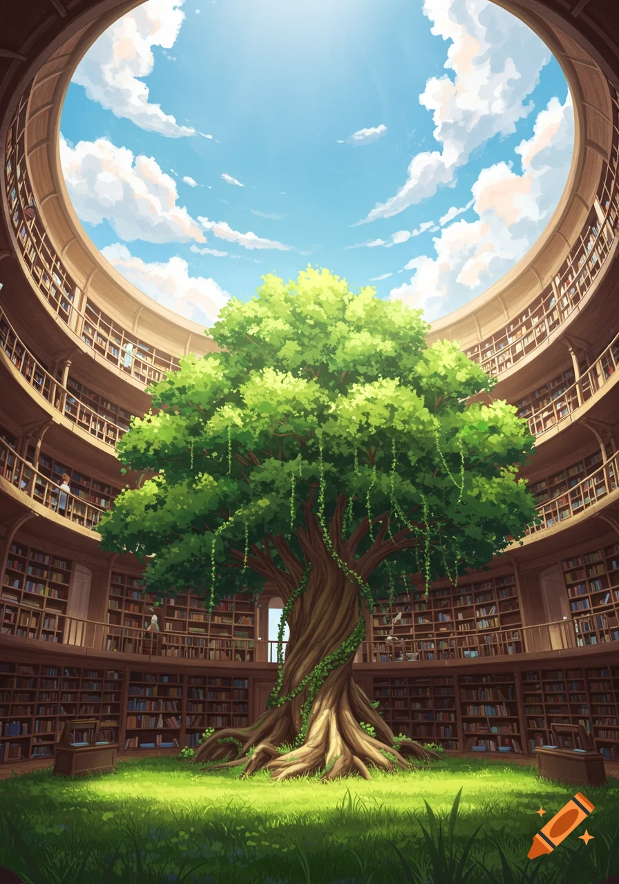 A giant tree in the center of a circular, multi-level library with an open roof to a cloudy blue sky, in an anime style.